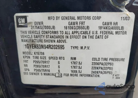 2004 Cadillac Escalade Standard из США, поврежденный, VIN 1GYEK63N94R202695